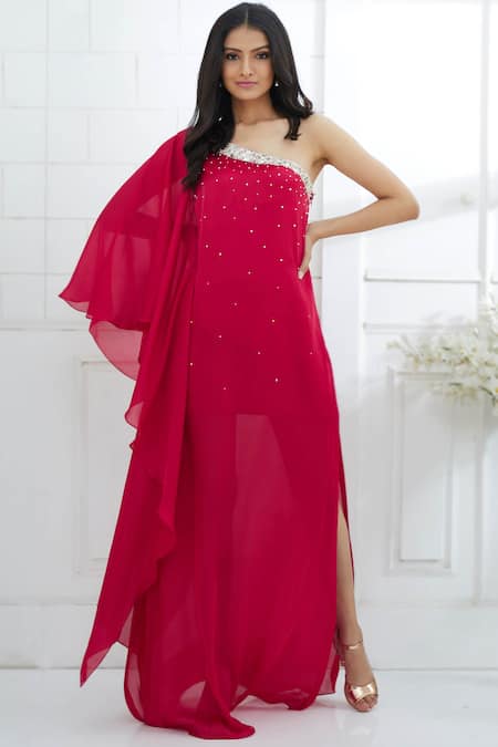 Mandira Wirk - Indian Pink Chiffon Satin Asymmetric One Shoulder Dress 