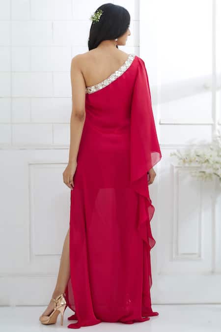 Shop Mandira Wirk - Indian Pink Chiffon Satin Asymmetric One Shoulder Dress at Aza Fashions Shop_Mandira Wirk - Indian_Pink Chiffon Satin Asymmetric One Shoulder Dress _at_Aza_Fashions