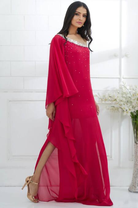 Mandira Wirk - Indian Pink Chiffon Satin Asymmetric One Shoulder Dress Online at Aza Fashions Mandira Wirk - Indian_Pink Chiffon Satin Asymmetric One Shoulder Dress _Online_at_Aza_Fashions