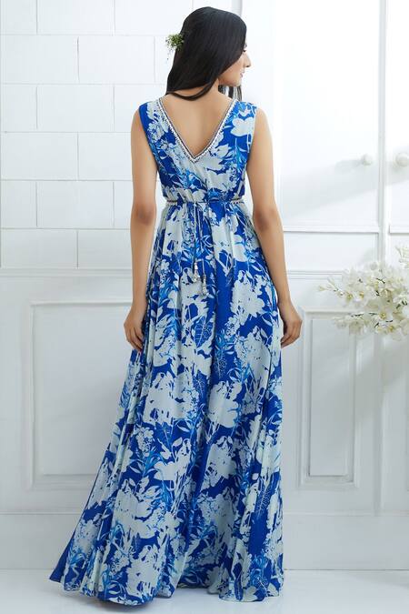 Shop Mandira Wirk Resort Blue Chiffon Printed Maxi Dress at Aza Fashions Shop_Mandira Wirk Resort_Blue Chiffon Printed Maxi Dress_at_Aza_Fashions