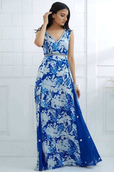 Mandira Wirk Resort Blue Chiffon Printed Maxi Dress Online at Aza Fashions Mandira Wirk Resort_Blue Chiffon Printed Maxi Dress_Online_at_Aza_Fashions