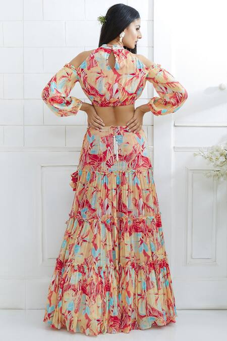 Shop Mandira Wirk - Indian Multi Color Chiffon Halter Printed Lehenga Set at Aza Fashions Shop_Mandira Wirk - Indian_Multi Color Chiffon Halter Printed Lehenga Set _at_Aza_Fashions