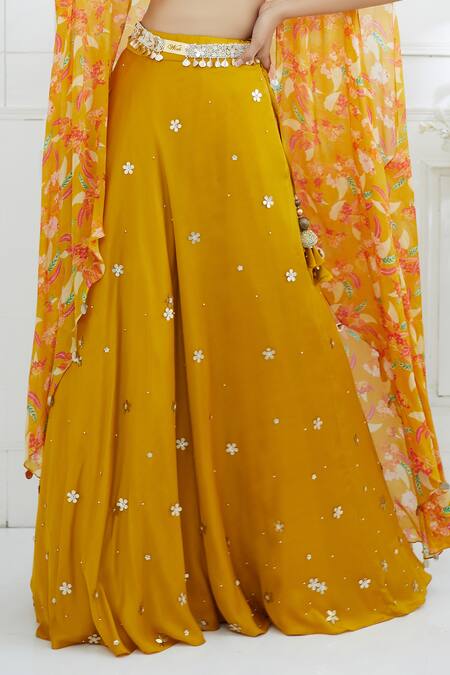 Shop Mandira Wirk - Indian Yellow Chiffon, Satin, Jersey Round Printed Cape Lehenga Set Online at Aza Fashions Shop_Mandira Wirk - Indian_Yellow Chiffon, Satin, Jersey Round Printed Cape Lehenga Set_Online_at_Aza_Fashions