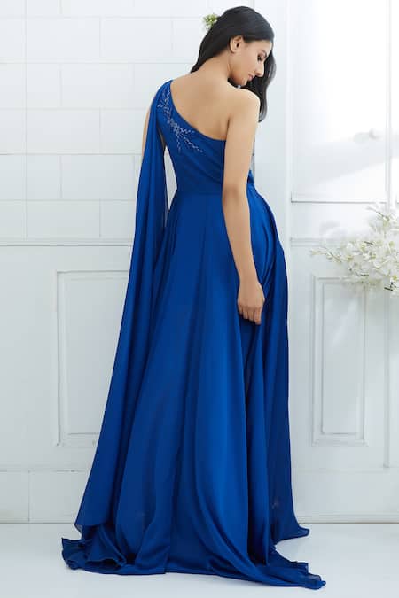 Shop Mandira Wirk - Indian Blue Chiffon Satin Asymmetric One Shoulder Draped Gown at Aza Fashions Shop_Mandira Wirk - Indian_Blue Chiffon Satin Asymmetric One Shoulder Draped Gown _at_Aza_Fashions