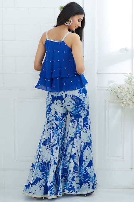 Shop Mandira Wirk - Indian Blue Chiffon Square Neck Printed Top Sharara Set at Aza Fashions Shop_Mandira Wirk - Indian_Blue Chiffon Square Neck Printed Top Sharara Set _at_Aza_Fashions