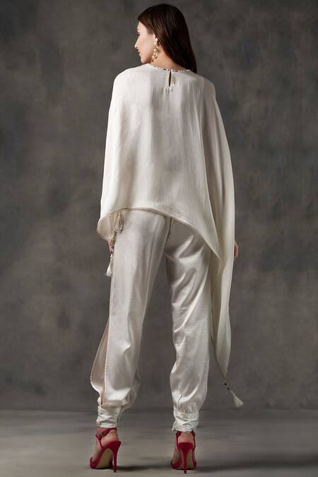 Shop Twenty Nine White Modal Satin Asymmetric Cape Top at Aza Fashions Shop_Twenty Nine_White Modal Satin Asymmetric Cape Top_at_Aza_Fashions