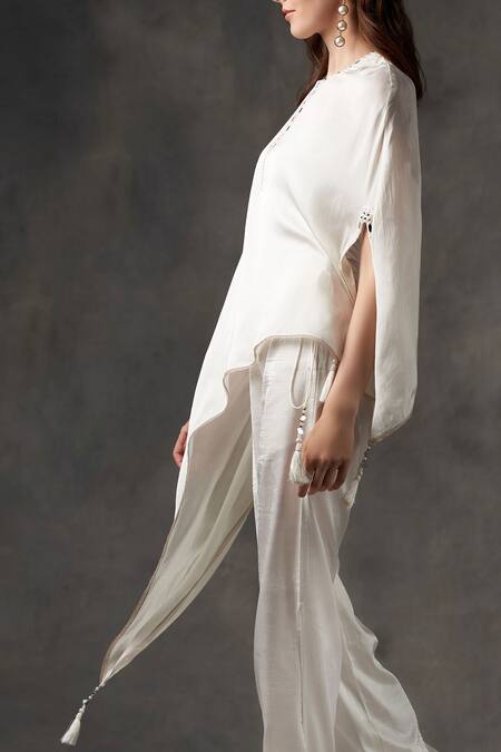 Twenty Nine White Modal Satin Asymmetric Cape Top Online at Aza Fashions Twenty Nine_White Modal Satin Asymmetric Cape Top_Online_at_Aza_Fashions