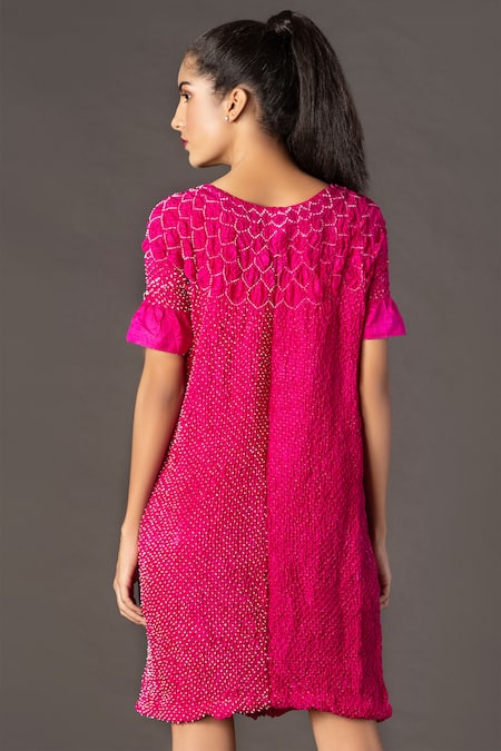 Shop Twenty Nine Pink Silk Round Bandhani Dress at Aza Fashions Shop_Twenty Nine_Pink Silk Round Bandhani Dress _at_Aza_Fashions