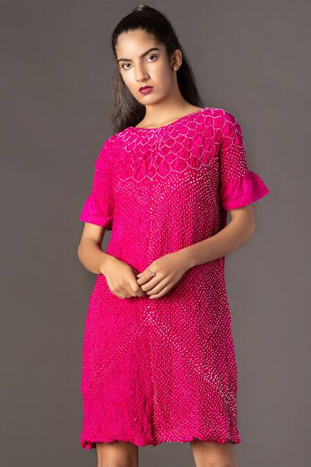 Twenty Nine Pink Silk Round Bandhani Dress Online at Aza Fashions Twenty Nine_Pink Silk Round Bandhani Dress _Online_at_Aza_Fashions