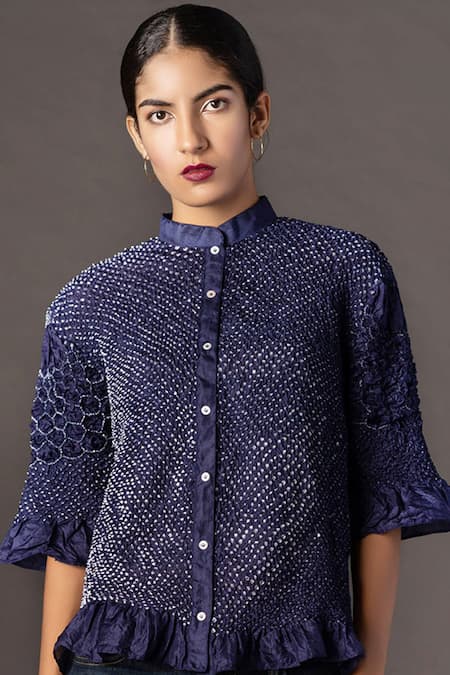 Twenty Nine_Blue Silk Mandarin Collar Bandhani Shirt _Online_at_Aza_Fashions