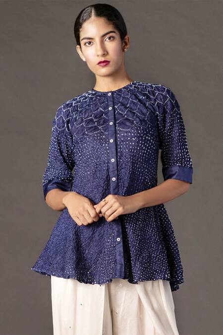 Twenty Nine_Blue Silk Round Bandhani Kedia Top_Online_at_Aza_Fashions