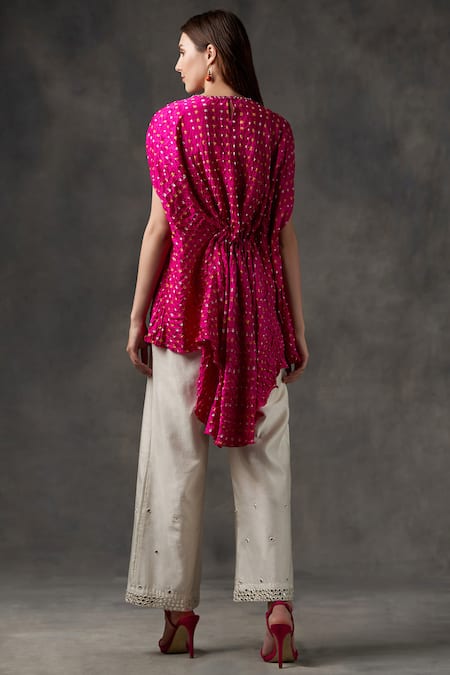 Shop Twenty Nine Pink Gajji Silk Round Bandhani Cape Top at Aza Fashions Shop_Twenty Nine_Pink Gajji Silk Round Bandhani Cape Top _at_Aza_Fashions