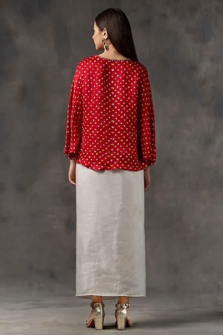 Shop Twenty Nine Red Gajji Silk Round Bandhani Top at Aza Fashions Shop_Twenty Nine_Red Gajji Silk Round Bandhani Top _at_Aza_Fashions