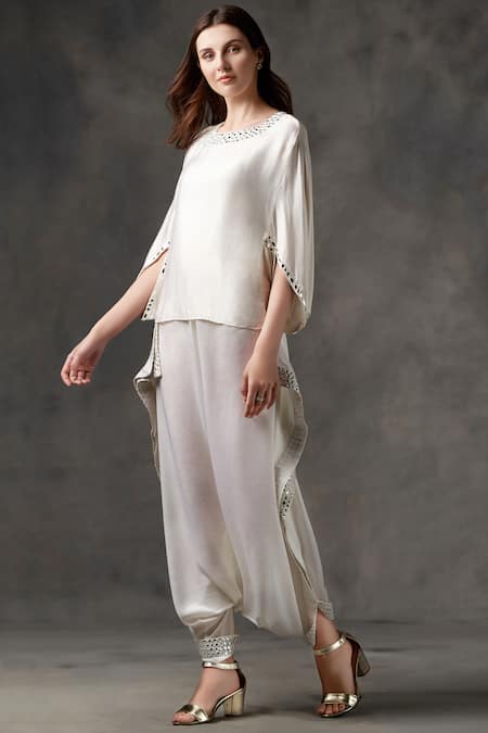 Twenty Nine White Modal Satin Round Embellished Top