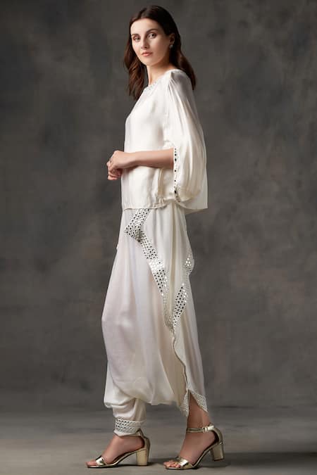 Twenty Nine_White Modal Satin Round Embellished Top _Online_at_Aza_Fashions