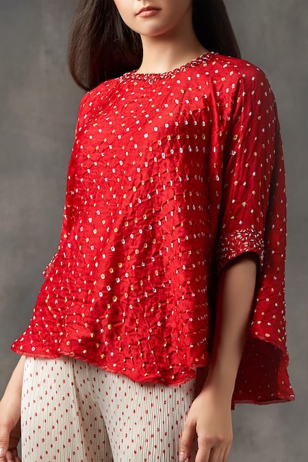 Buy_Twenty Nine_Red Gajji Silk Bandhani Round Top _Online_at_Aza_Fashions
