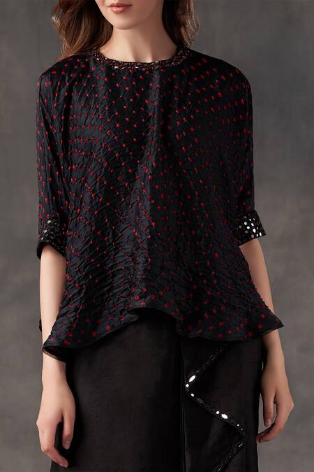 Shop Twenty Nine Black Gajji Silk Bandhani Round Top Online at Aza Fashions Shop_Twenty Nine_Black Gajji Silk Bandhani Round Top _Online_at_Aza_Fashions
