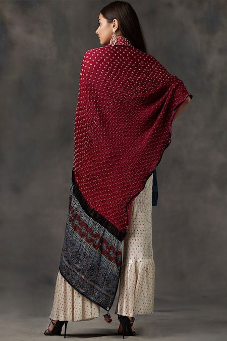 Shop_Twenty Nine_Blue Ajrak Chanderi Asymmetric Bandhani Cape_at_Aza_Fashions
