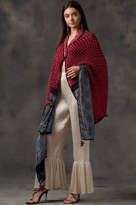 Twenty Nine_Blue Ajrak Chanderi Asymmetric Bandhani Cape_Online_at_Aza_Fashions