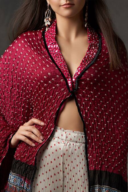 Buy_Twenty Nine_Blue Ajrak Chanderi Asymmetric Bandhani Cape_Online_at_Aza_Fashions