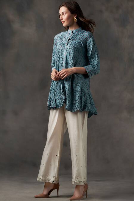 Twenty Nine_Blue Gajji Silk Mandarin Collar Printed Tunic_Online_at_Aza_Fashions