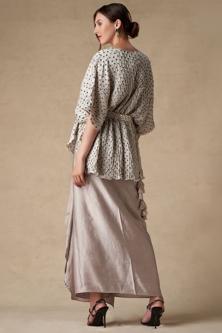 Shop Twenty Nine Grey Silk Round Bandhani Blouse at Aza Fashions Shop_Twenty Nine_Grey Silk Round Bandhani Blouse _at_Aza_Fashions