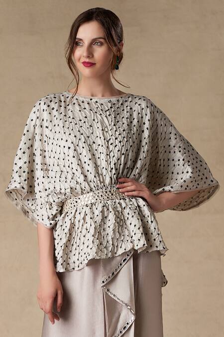 Shop Twenty Nine Grey Silk Round Bandhani Blouse Online at Aza Fashions Shop_Twenty Nine_Grey Silk Round Bandhani Blouse _Online_at_Aza_Fashions