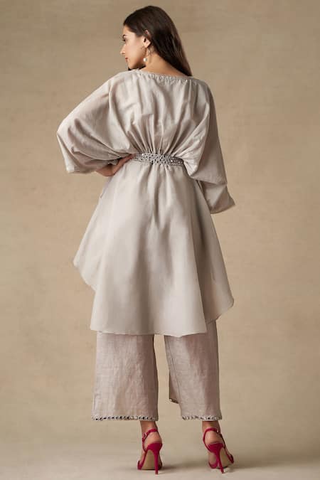 Shop Twenty Nine Grey Silk Round High Low Top at Aza Fashions Shop_Twenty Nine_Grey Silk Round High Low Top _at_Aza_Fashions