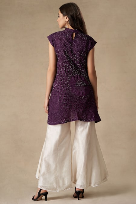 Shop Twenty Nine Purple Silk Round Bandhani Top at Aza Fashions Shop_Twenty Nine_Purple Silk Round Bandhani Top _at_Aza_Fashions