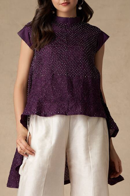 Shop Twenty Nine Purple Silk Round Bandhani Top Online at Aza Fashions Shop_Twenty Nine_Purple Silk Round Bandhani Top _Online_at_Aza_Fashions