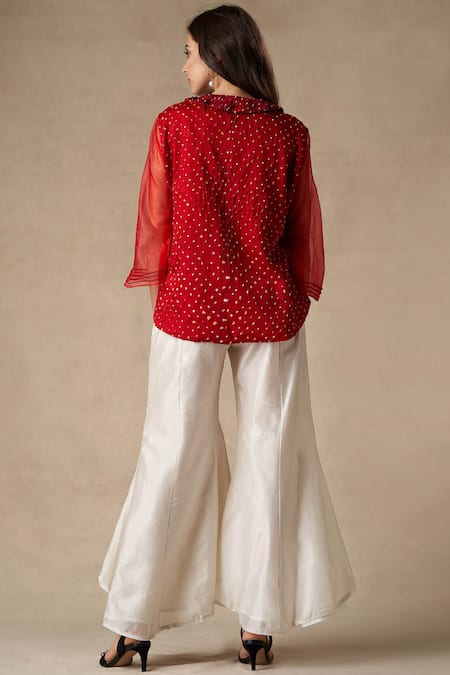 Shop_Twenty Nine_Red Silk Spread Collar Bandhani Shirt _at_Aza_Fashions