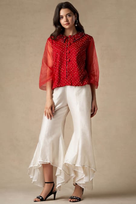Twenty Nine_Red Silk Spread Collar Bandhani Shirt _Online_at_Aza_Fashions