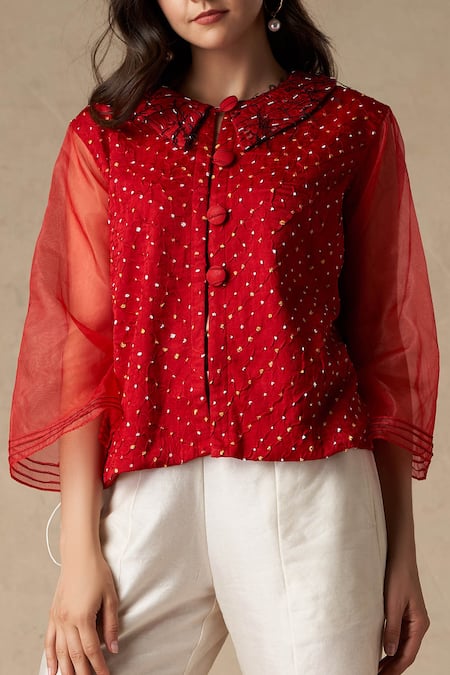 Buy_Twenty Nine_Red Silk Spread Collar Bandhani Shirt _Online_at_Aza_Fashions