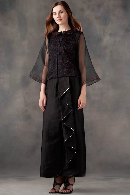 Twenty Nine Black Silk Spread Collar Bandhani Shirt