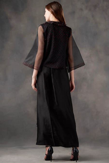 Shop Twenty Nine Black Silk Spread Collar Bandhani Shirt at Aza Fashions Shop_Twenty Nine_Black Silk Spread Collar Bandhani Shirt _at_Aza_Fashions