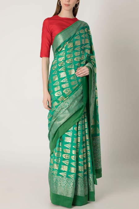 Masaba Green Banarasi Saree With Unstitched Blouse Fabric