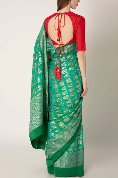 Shop Masaba Green Banarasi Saree With Unstitched Blouse Fabric at Aza Fashions Shop_Masaba_Green Banarasi Saree With Unstitched Blouse Fabric_at_Aza_Fashions