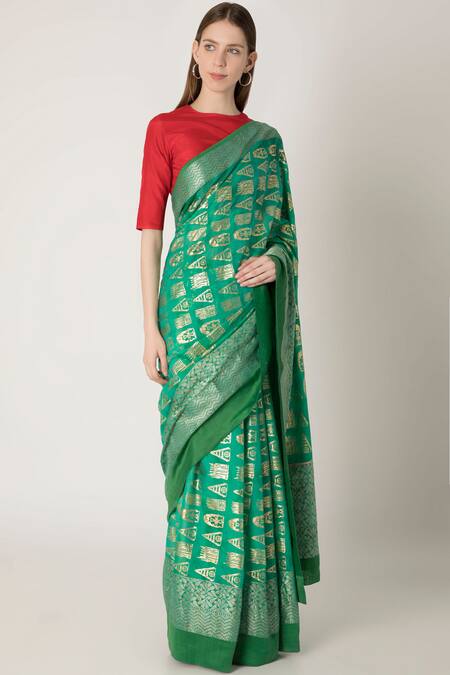 Masaba Green Banarasi Saree With Unstitched Blouse Fabric Online at Aza Fashions Masaba_Green Banarasi Saree With Unstitched Blouse Fabric_Online_at_Aza_Fashions