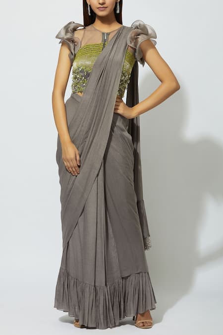 Babita Malkani Grey Net, Crepe Round Embellished Pre-draped Saree Online at Aza Fashions Babita Malkani_Grey Net, Crepe Round Embellished Pre-draped Saree _Online_at_Aza_Fashions