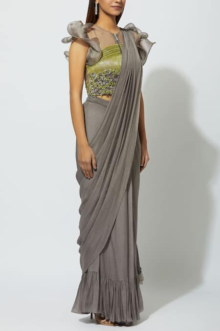 Buy Babita Malkani Grey Net, Crepe Round Embellished Pre-draped Saree Online at Aza Fashions Buy_Babita Malkani_Grey Net, Crepe Round Embellished Pre-draped Saree _Online_at_Aza_Fashions