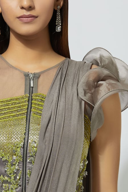 Babita Malkani Grey Net, Crepe Round Embellished Pre-draped Saree at Aza Fashions Babita Malkani_Grey Net, Crepe Round Embellished Pre-draped Saree _at_Aza_Fashions