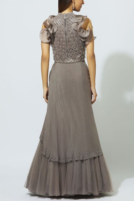 Shop Babita Malkani Grey Net, Crepe Round Embellished Draped Lehenga Set at Aza Fashions Shop_Babita Malkani_Grey Net, Crepe Round Embellished Draped Lehenga Set _at_Aza_Fashions