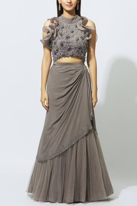 Babita Malkani Grey Net, Crepe Round Embellished Draped Lehenga Set Online at Aza Fashions Babita Malkani_Grey Net, Crepe Round Embellished Draped Lehenga Set _Online_at_Aza_Fashions