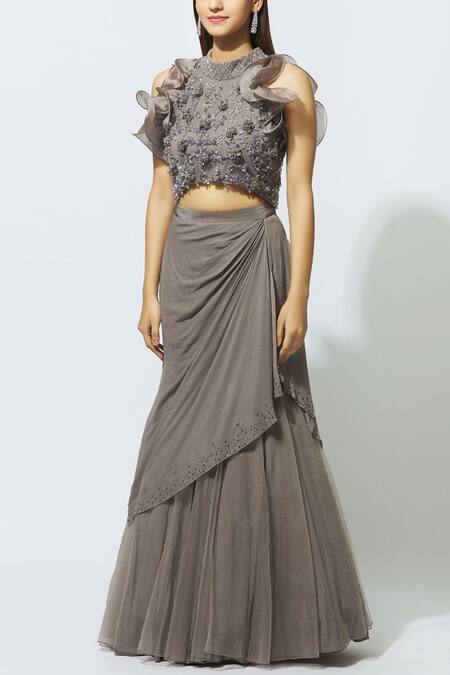 Buy Babita Malkani Grey Net, Crepe Round Embellished Draped Lehenga Set Online at Aza Fashions Buy_Babita Malkani_Grey Net, Crepe Round Embellished Draped Lehenga Set _Online_at_Aza_Fashions