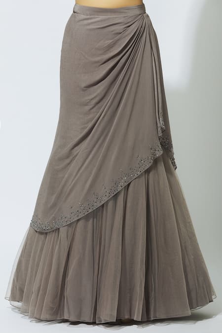 Shop Babita Malkani Grey Net, Crepe Round Embellished Draped Lehenga Set Online at Aza Fashions Shop_Babita Malkani_Grey Net, Crepe Round Embellished Draped Lehenga Set _Online_at_Aza_Fashions