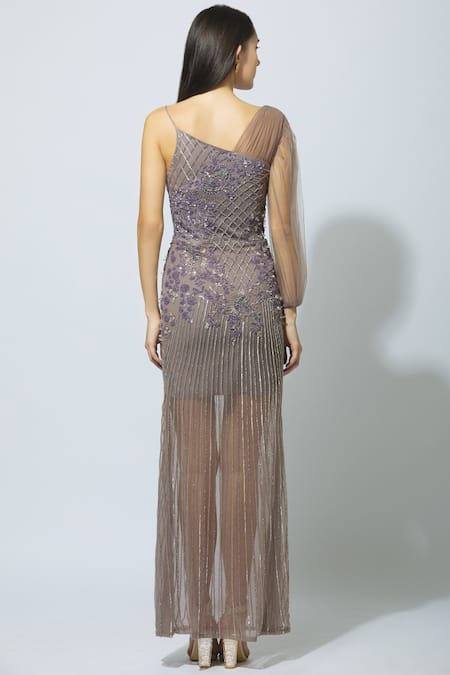 Shop_Babita Malkani_Grey Net, Crepe Asymmetric Embellished One Shoulder Gown _at_Aza_Fashions