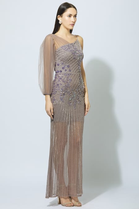 Babita Malkani_Grey Net, Crepe Asymmetric Embellished One Shoulder Gown _Online_at_Aza_Fashions