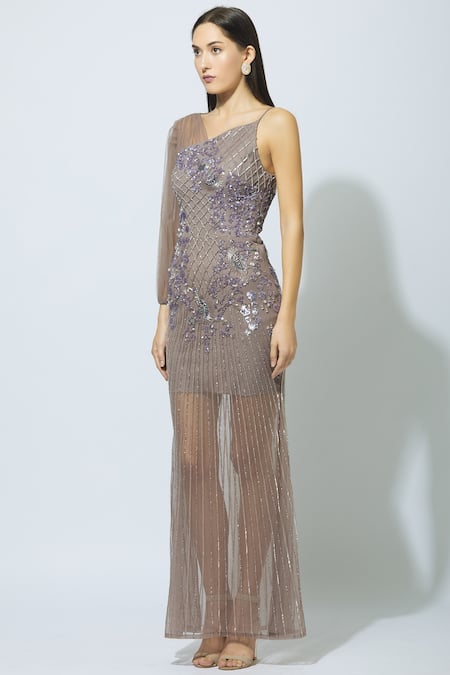 Buy_Babita Malkani_Grey Net, Crepe Asymmetric Embellished One Shoulder Gown _Online_at_Aza_Fashions