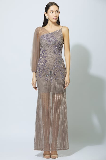 Shop_Babita Malkani_Grey Net, Crepe Asymmetric Embellished One Shoulder Gown _Online_at_Aza_Fashions