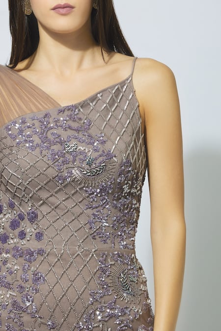 Babita Malkani_Grey Net, Crepe Asymmetric Embellished One Shoulder Gown _at_Aza_Fashions